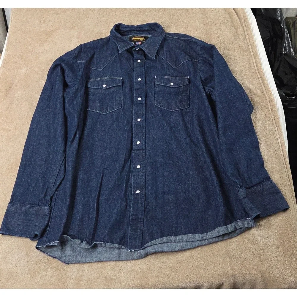 Whiteknucker‎ Denim Jacket Men 2XL Dark Wash Blue Pearl Snap Frayed Raw EUC
